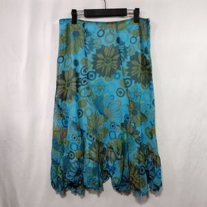 Vintage Floral Chiffon Skirt Women's M Blue Tan Hawaiian Coastal Retro Artsy